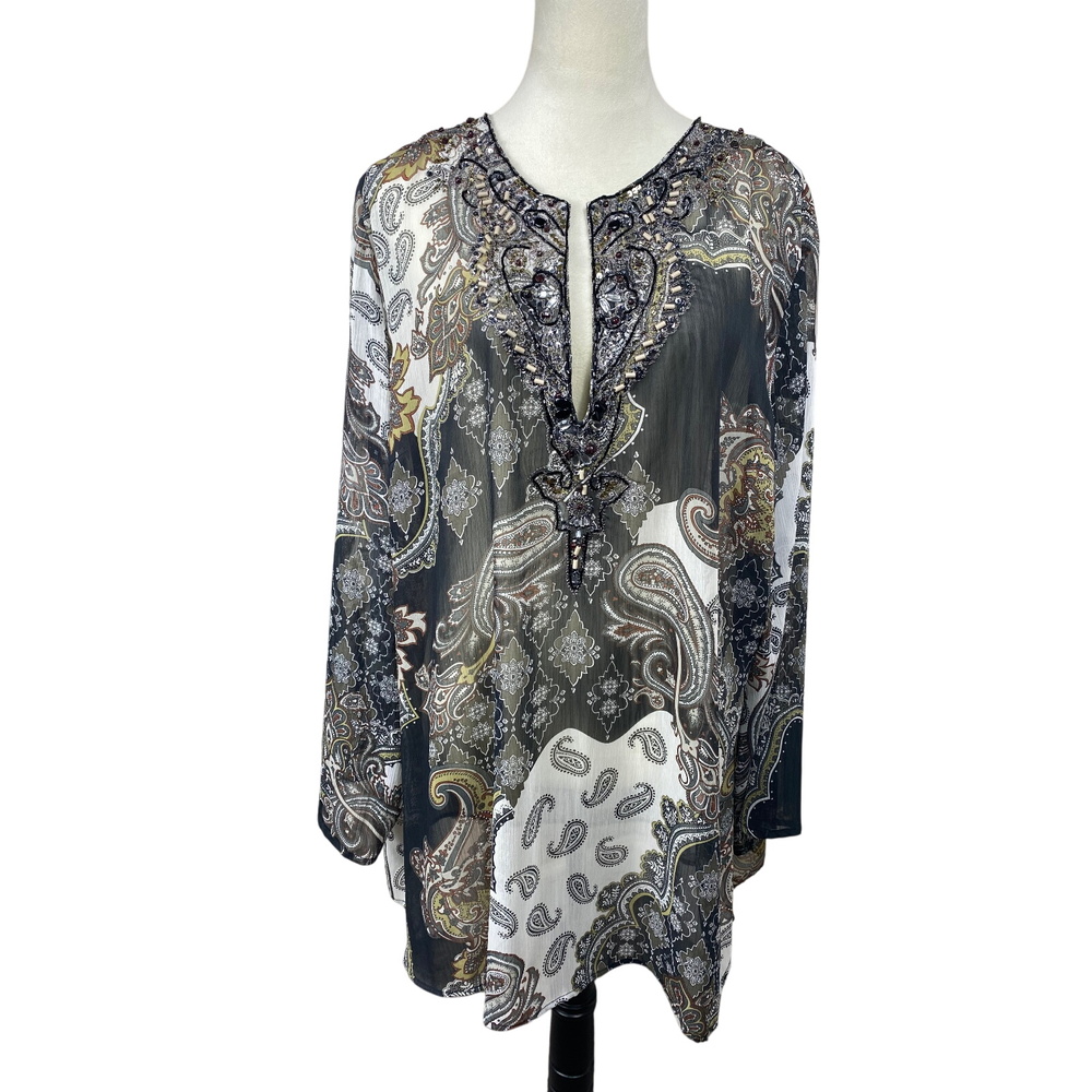 NY Collection Woman Paisley Tunic Top Embellished Sheer Blouse 2X‎ Boho